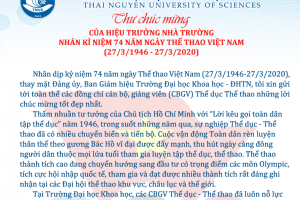 Thư chúc mừng của Hiệu trưởng nhà trường nhân kỷ niệm 74 năm ngày Thể thao Việt Nam